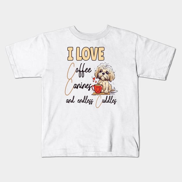 I Love Coffee Canines and Cuddles Shih Tzu Owner Funny Kids T-Shirt by Sniffist Gang